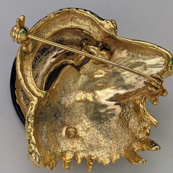Vintage Gold Tone Black Enamel Horn Rams Head 3D Brooch Pin - Picture 4 of 4